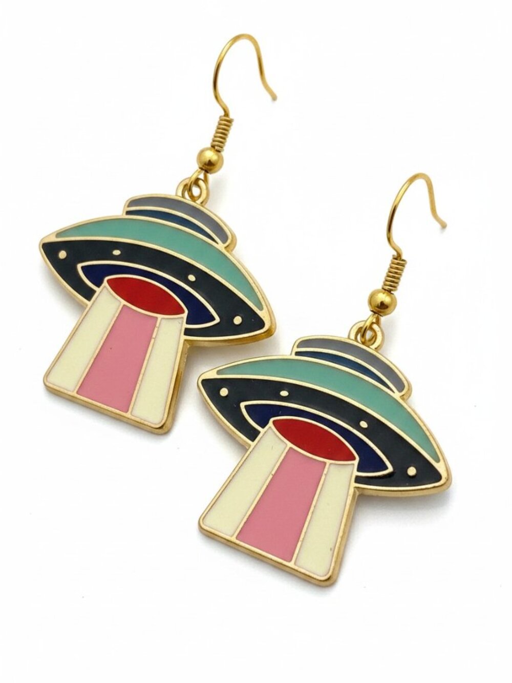 Retro UFO Spaceship Enamel Earrings Gold Plated Alien Sci Fi Dangle - Picture 3 of 9